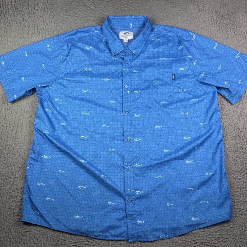 AFTCO Men’s Blue Short-Sleeve Button-Down Shirt with Fish Print